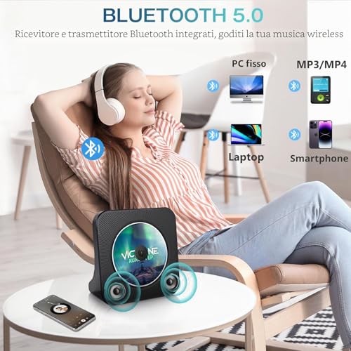Lettore CD Bluetooth con design da scrivania, Lettore CD Radio portatile con doppie casse e timer, Supporta ingresso AUX/USB, Trasmissione Bluetooth, Album musicali in multipli formati