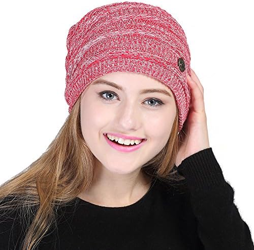 VEC Women's Pile Knitted Cap Hat Bonnet Winter Knit Crochet Ski Hat (Red)