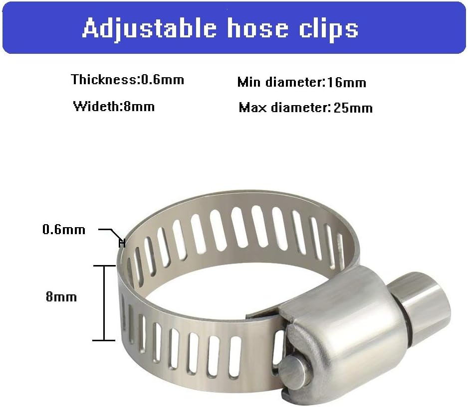 Topnisus 10pcs Set Adjustable 16-25mm Hose Clips Pipe Clamps Kits Rust Free (16-25mm), Silver - Image 3