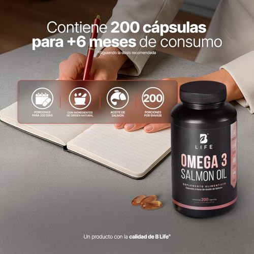 Omega 3 Aceite Puro de Salmón de 200 Cápsulas con 1000 mg por porción. Ingredientes Naturales. Omega 3 Salmon Oil B Life.