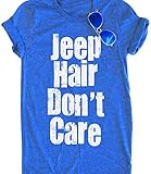 Women Jeep Hair Don't Care Lettters Print Funny T-Shirt Casual Short Sleeve O-Neck Tops Blouse Size S (Blue)