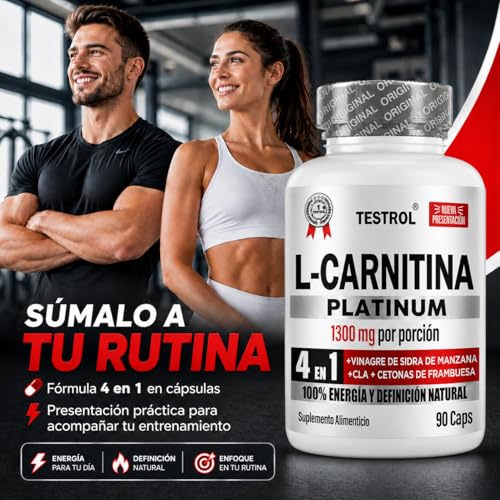 L Carnitina, Platinum 1300mg por porción | 4 en 1 | Carnitina Tartrato, Vinagre de Manzana Organico, Cla y Cetonas de Frambuesa | Pre Workout | Para Hombres y Mujeres, Testrol L-Carnitina 90 Cápsulas