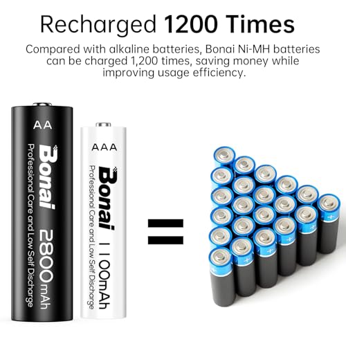BONAI 24 Pieces AA/AAA Rechargeable Batteries, High Capacity Battery 2800/1100 mAh 1.2 V 1200 Cycles AA Rechargeable NI-MH, AAA Rechargeable Pre-charged, Low Self-Discharge