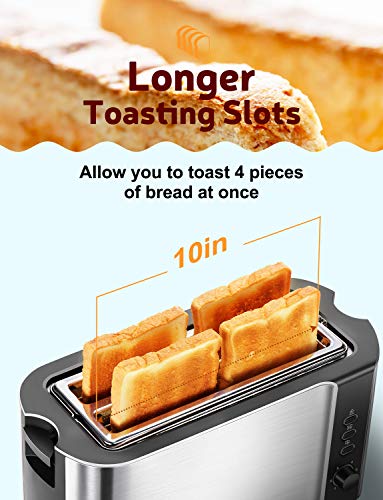 HoLife 4 Slice Long Slot Toaster Best Rated Prime, Stainless Steel Bread Toasters with Warming Rack, 6 Bread Shade Settings, Defrost/Reheat/Cancel Function, Extra Wide Slots, Removable Crumb Tray