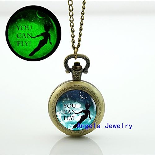 Pretty Lee Fashion Peter pan Glowing Pocket Watch Necklace Peter pan Glowing Glass Jewelry Antique Pocket Watch Necklace
