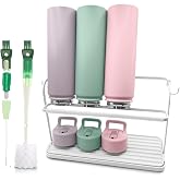 WAKUBON Cup Drying Rack for Counter, Water Bottle Drying Rack for Kitchen Counter, 2-Tier Tumbler, Mug and Glass Drying Rack with Drain Tray and 5-in-1 Cleaning Brush