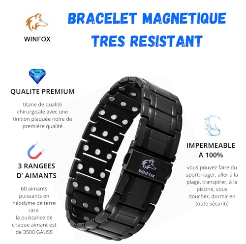 Bracelet Magnetique Homme PREMIUM, Titane, Le Plus Puissant du marché, Bijou Aimanté Inoxydable, Ultra Résistant, 60 Aimants en Néodyme de Terre Rare, Outil de Dimensionnement, WINFOX777