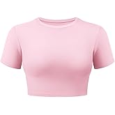 VOYJOY Womens Double Lined Fitted Short Sleeve Crop Tops Crew Neck Casual Workout T Shirts Cute Basic Tee