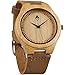 Woodgrain Bamboo Wooden Watch with Genuine Brown Cow Leather Strap Quartz Analog Casual Wood Watches