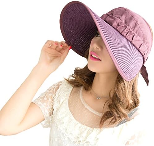 Women UPF 50+ Sun Protective Foldable Straw Hat Wide Brim Hat on Beach Sunscreen Visor Holiday Sunhat Purple