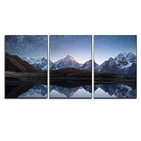 3 Piece Canvas Wall Art - Night Sky with Stars and The Milky Way Over a Mountain Lake - Modern Home Art Stretched and Framed Ready to Hang - 16"x24"x3 Panels