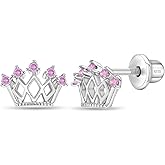 925 Sterling Silver Crown Princess Cubic Zirconia Safety Screw Back Locking Earrings for Toddlers, Little Girls & Preteens - Polished and Elegant Royal Earrings for Your Little Princess