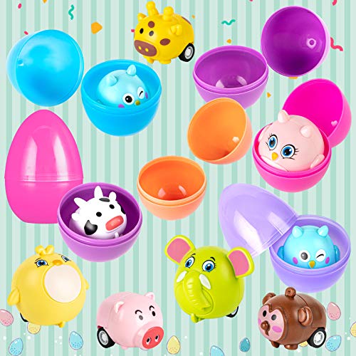 LovesTown Easter Eggs with Toys Inside, 12 Pcs Easter Stuffed Eggs and 12 Pcs Animal Pullback Toy Cars Surprise Eggs Easter Theme Party Favor for Easter Eggs Hunt Game