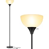 Coucrek Floor Lamp, LED Standing Lamps with White Plastic Shade, Black Modern Torchiere Floor Lamp, Tall Lamps for Living Roo