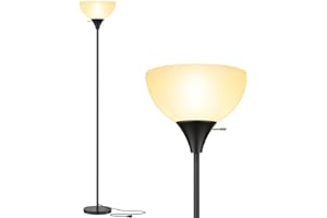 Coucrek Floor Lamp, LED Standing Lamps with White Plastic Shade, Black Modern Torchiere Floor Lamp, Tall Lamps for Living Room Dorm, Bulb not Included