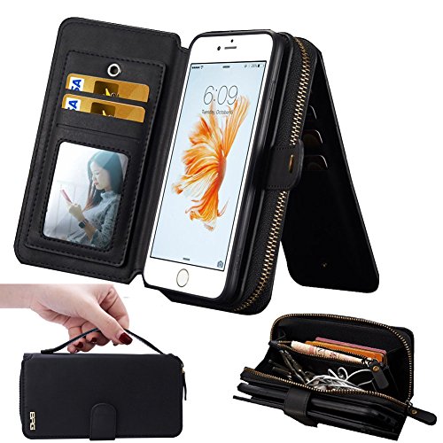iPhone 7Plus Case,Aroko Premium Zipper Wallet Leather i7sPlus Case with Black Flip Credit Card Holder Cover for iPhone 7Plus (5.5") (iphone7Plus/7SPlus 5.5inch, Black)