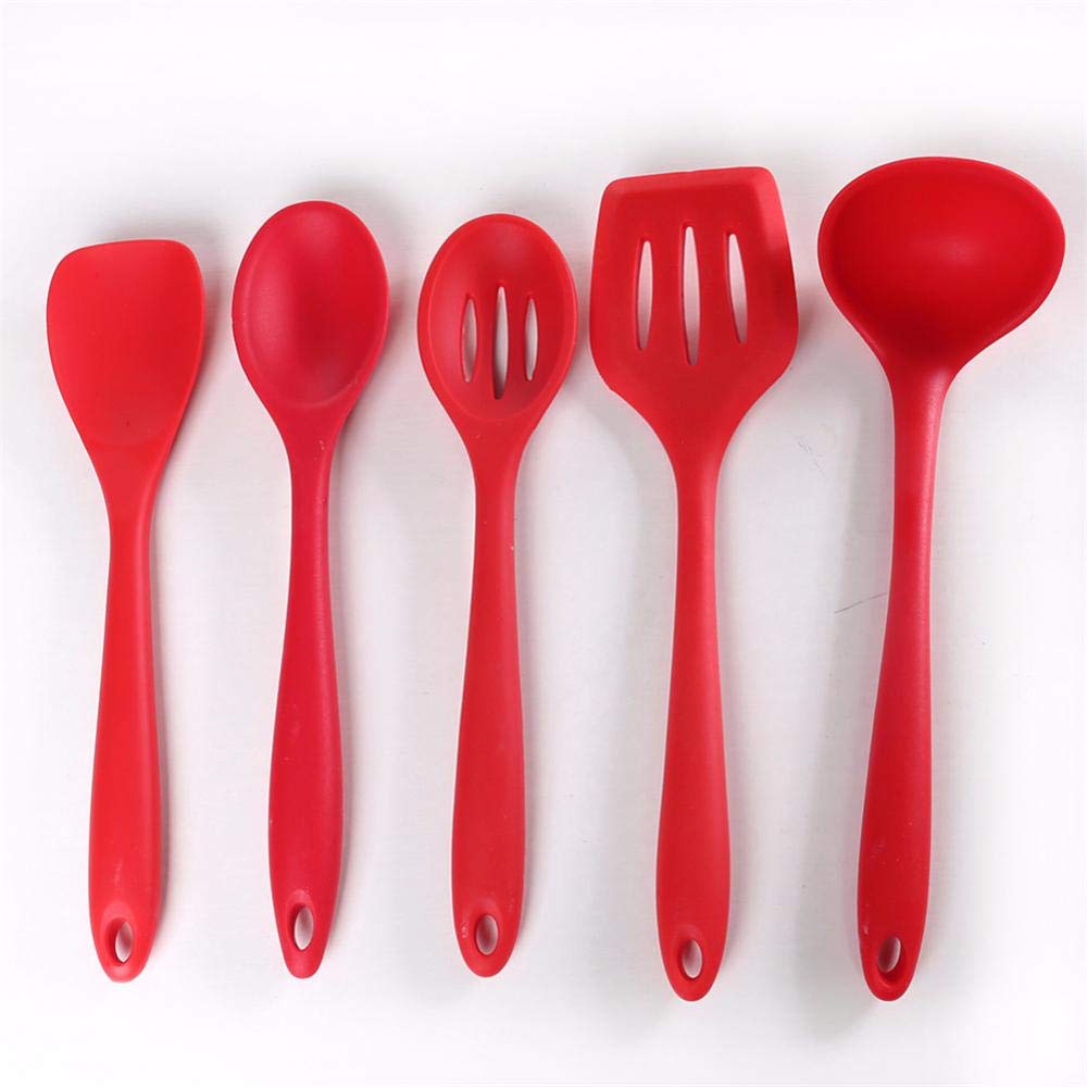5Pcs/Set Red Cooking Utensils, Non-Stick Heat Resistant Silicone Soup Ladle Rice Spoon Slotted Spoon Spatula Kitchen Wares