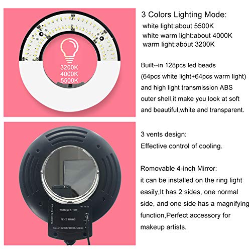 8" Dimmable Ring Light Selfie Live Stream Continuous Output Lighting Adjust Stick Stand 4" Mirror&Phone Holder for Makeup Photography LED Ring Lamp Outdoor Camera Photo Video 3 Color Lighting Mode Kit