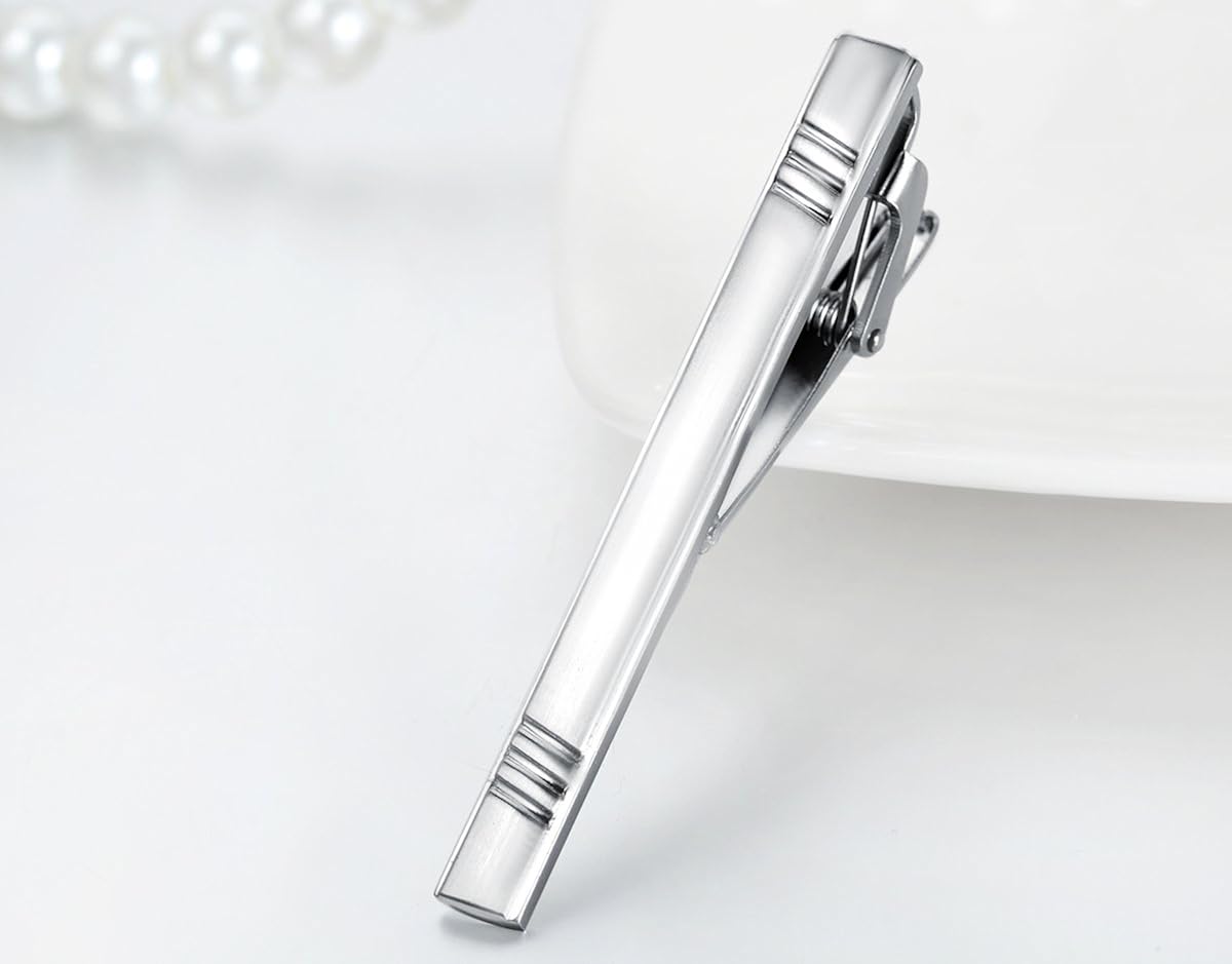 JewelryWe Unisex Mens Luxury Fashion Necktie Tie Clips Bar Set - Men's Tie Clip Skinny (Silver) - Image 4