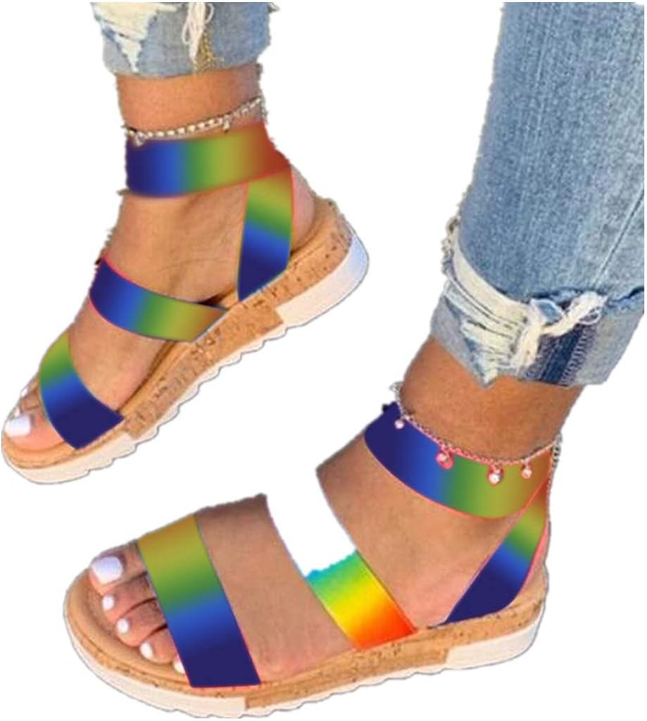 Women's Wedge Rainbow Sandals Open Toe Ankle Strap Cork