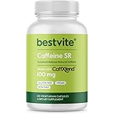 BESTVITE Caffeine 100mg SR (120 Vegetarian Capsules) - Sustained Release - Vegan - Non GMO - Gluten Free - Natural Caffeine Pills