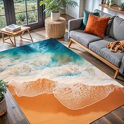 Blue White Waves Ocean Theme Area Rug with Orange