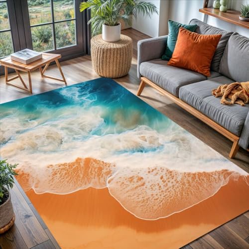 Blue White Waves Ocean Theme Area Rug with Orange