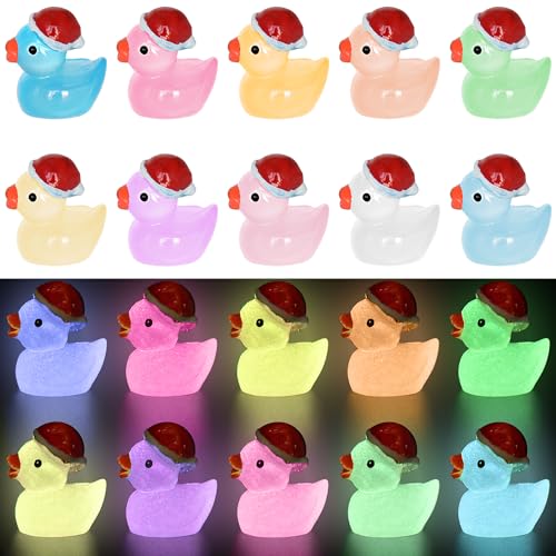 Yuronam 70 Pcs Luminous Tiny Christmas Ducks Mini Resin Ducks Glow in The Dark Duck Miniature Ornaments for Slime, Dollhouse, Garden Decoration(10 Colors)