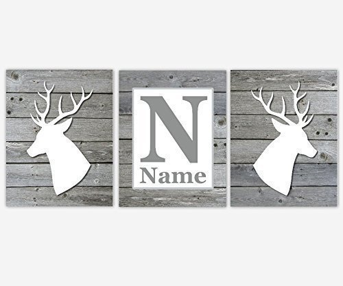 Baby Boy Nursery Wall Art Deer Head Antler Rustic Wood Gray White Woodland Animal Forest Personalize Monogram Name Toddler Bedroom Baby Nursery Decor SET OF 3 CANVAS