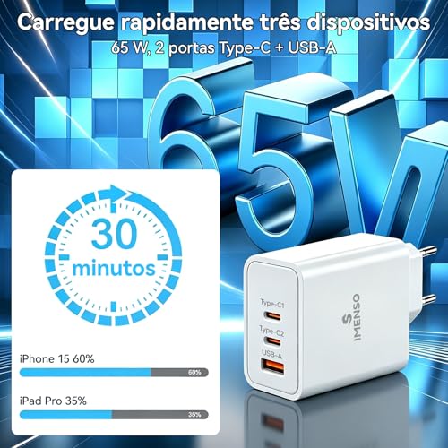 Carregador Universal 65W, 2 Saídas USB-C + USB-A, Carregador Rápido com Cabo, PPS 3.0, Voçagador para Notebook, Celular, Tablet, iPhone, Samsung, Xiaomi, Motorola – 100-240V, IMS-268PC