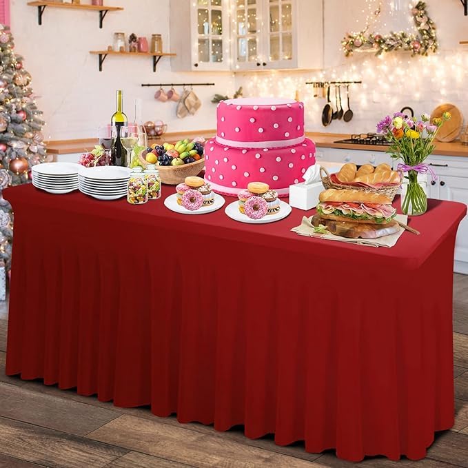 Rinpon Thick 2 in 1 Spandex Table Skirt Table Cover 4ft, Rectangle Fitted Tablecloth with Pleated Skirt, Wrinkle Free Rectangular Table Cloth for Banquets Vendor Event (Burgundy, 48"*24"*29")
