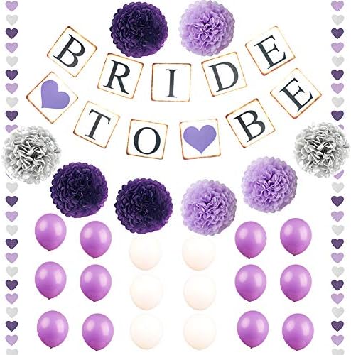 Fulol Bride To Be Banner Set White Lavender Purple Big Size Tissue Paper Flower Pom Poms Latex Balloons for Wedding Bachelorette Bachelorette Party Decor Decorations