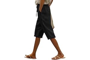 Puimentiua Women Linen Shorts Casual Knee Length Bermuda Shorts with Hollow Side Summer Beach Lightweight Capri Pants