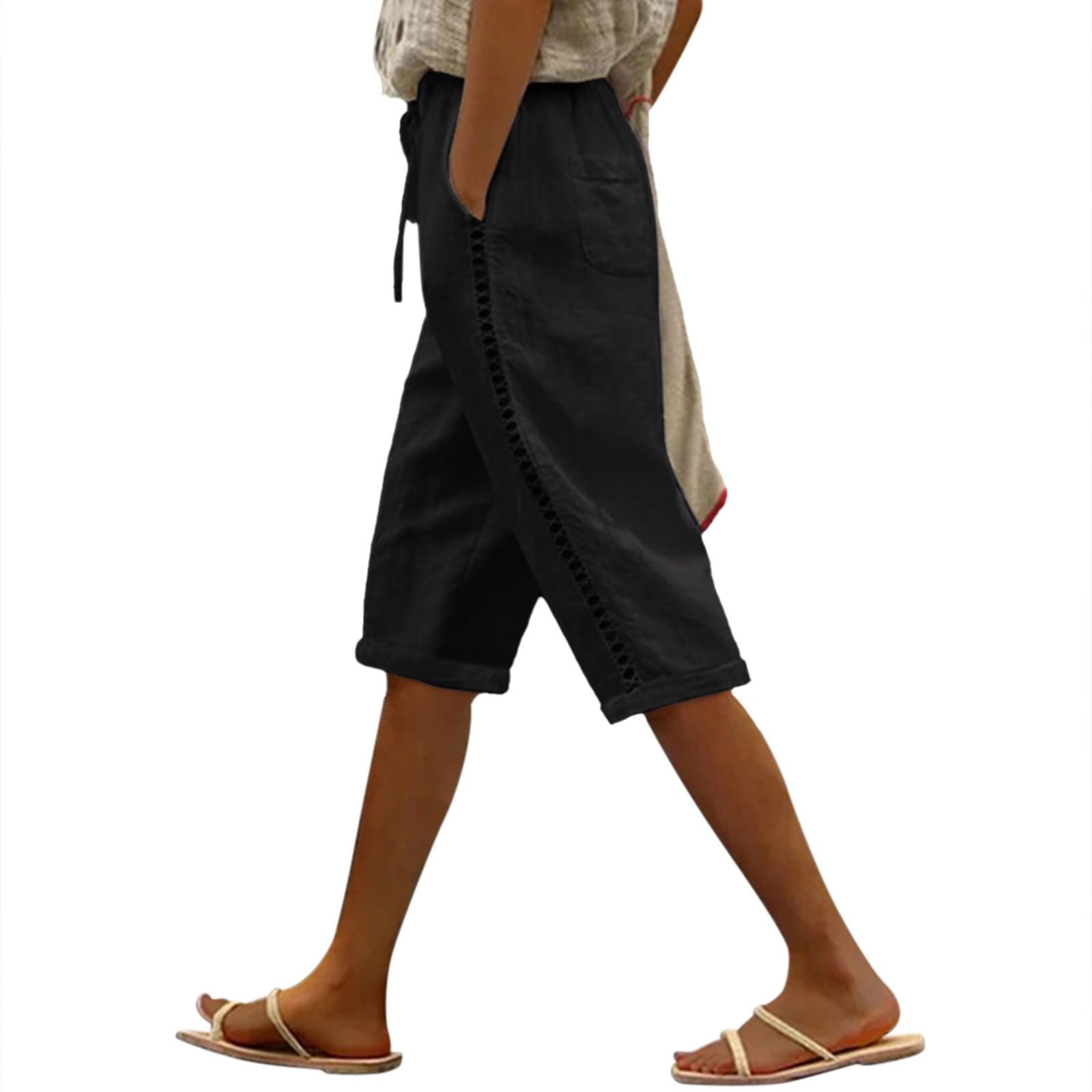 Photo 1 of Puimentiua Women Linen Shorts Casual Knee Length Bermuda Shorts with Hollow Side Summer Beach Lightweight Capri Pants Black