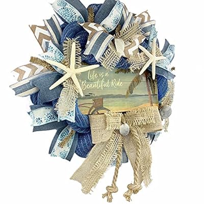 Beautiful Blue Burlap Artisan “Life is a Beautiful Ride” Beach, Coastal, Tropical Wreath with Nautical Rope, Starfish… 51RjT8UenTS