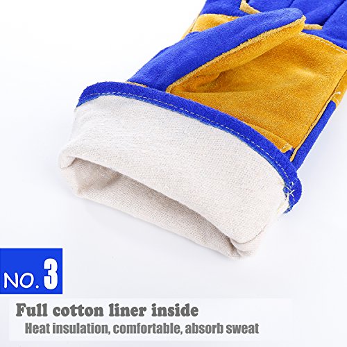 QeeLink Welding Gloves - Heat Resistant & Wear Resistant Lined Leather Fireproof Stitching Tig/Mig Welders/Fireplace/BBQ/Gardening/Grilling/Stove (16-inch, Blue)