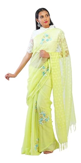 Womens Organza Saree with Blouse Piece (Organzakotaembroiderylimegreen_Yellow & Green)