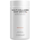 Codeage Multi Collagen Protein + Organic Raw Greens Superfood Capsules Supplement, 21 Fruits & Veggies, Grass-Fed Hydrolyzed Collagen Peptides, 5 Types All-in-One, 180 Count