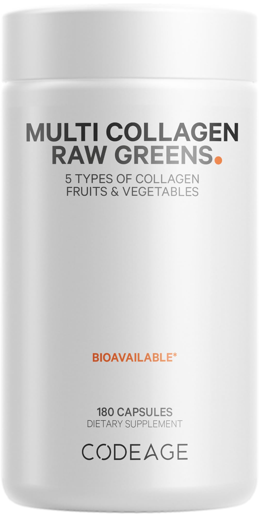 Codeage Multi Collagen Protein + Organic Raw Greens Superfood Capsules Supplement, 21 Fruits & Veggies, Grass-Fed Hydrolyzed Collagen Peptides, 5 Types All-in-One, 180 Count