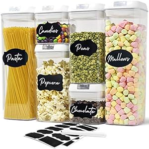 6-Airtight-Food-Storage-Containers-Set-Labels-Marker-Kitchen-and-Pantry-Storage-Ideal-for-Cereal-Spaghetti-Flour-Pasta-Clear-Food-Containers-with-lids Joejis Food Storage Containers with Lids Chalk Label and Pen - Stackable Airtight Tubs for Easy Cupboard Kitchen…
