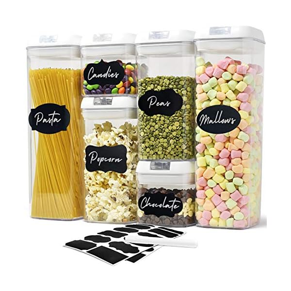 6-Airtight-Food-Storage-Containers-Set-Labels-Marker-Kitchen-and-Pantry-Storage-Ideal-for-Cereal-Spaghetti-Flour-Pasta-Clear-Food-Containers-with-lids Joejis Food Storage Containers with Lids Chalk Label and Pen - Stackable Airtight Tubs for Easy Cupboard Kitchen…