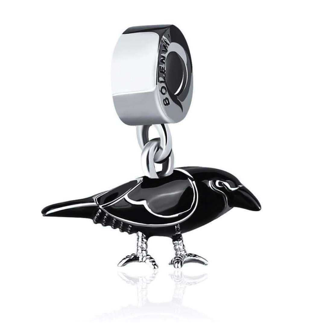 Bolenvi Black Bird Crow Raven Omni Clasp Clip on Dangle Pendant Compatible with Pandora & Similar Bracelets, Necklaces & DIY Jewelry - 925 Sterling Silver Charm with Black Enamel, Sterling Silver, No