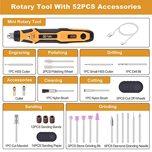 Foliv Cordless Rotary Tools, 4V Rotary Tool Kit with USB-C Charging, Mini Rotary Tool Wireless 3 Speed Adjustable for Sanding Cutting Drilling Cleaning Polishing Engraving, Suits for Light Projects