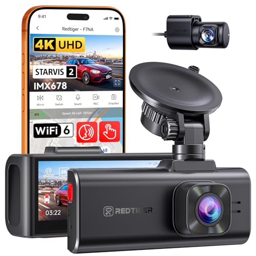 REDTIGER F7NA 4K Front Rear Dashcam, STARVIS 2 IMX678 8MP Sensor, WiFi 5GHz 20MB/s, GPS, Night Vision, Dual Car Camera, WDR, Voice Control, No SD Card, Supports 512GB Max