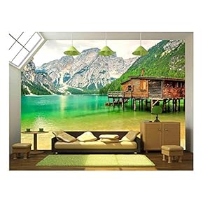 Braies Lake in Dolomiti Mountains on a Cloudy Day,Trentino Alto Adige,Italy - Removable Wall Mural | Self-Adhesive Large Wallpaper - 66x96 inches