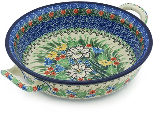 Polish Pottery Medium Round Baker with Handles made by Ceramika Artystyczna (White Lily Meadow Theme) Signature UNIKAT + Certificate of Authenticity