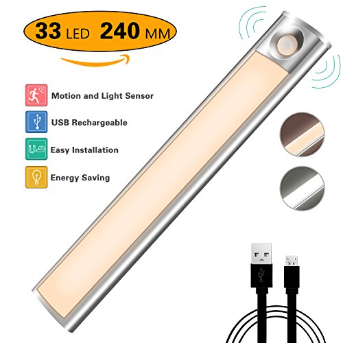 Motion Sensor Light Wireless 33-LED Build 240mm Bar USB Rechargeable Battery 3M Magnetic Tape 4 Modes Portable DIY Stick-on Anywhere Night Light Cabinet/Closet/Wardrobe/Stairs/Step Light (Warm White)