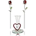 Crystal Red Roses - Set of 2 in Bud Vase - Forever Rose Collection with Red Heart in Front of The Vase – Valentines Mothers Day Birthday Christmas Flowers for Her 8" H
