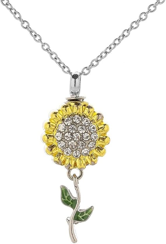 Sunflower Pendant Necklace Yellow Green Plant Rhinestone Stainless Steel Summer Cute Christmas