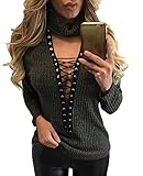 Chellysun Women's Knit Long Sleeve V Neck Lace Up Cross Blouse Top